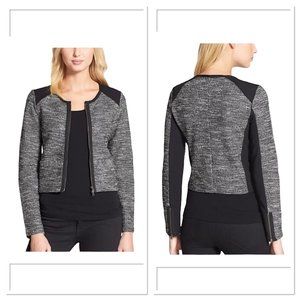 Eileen Fisher Cropped Tweed Zip Knit Sweater Jacket Black Gray Pockets Large